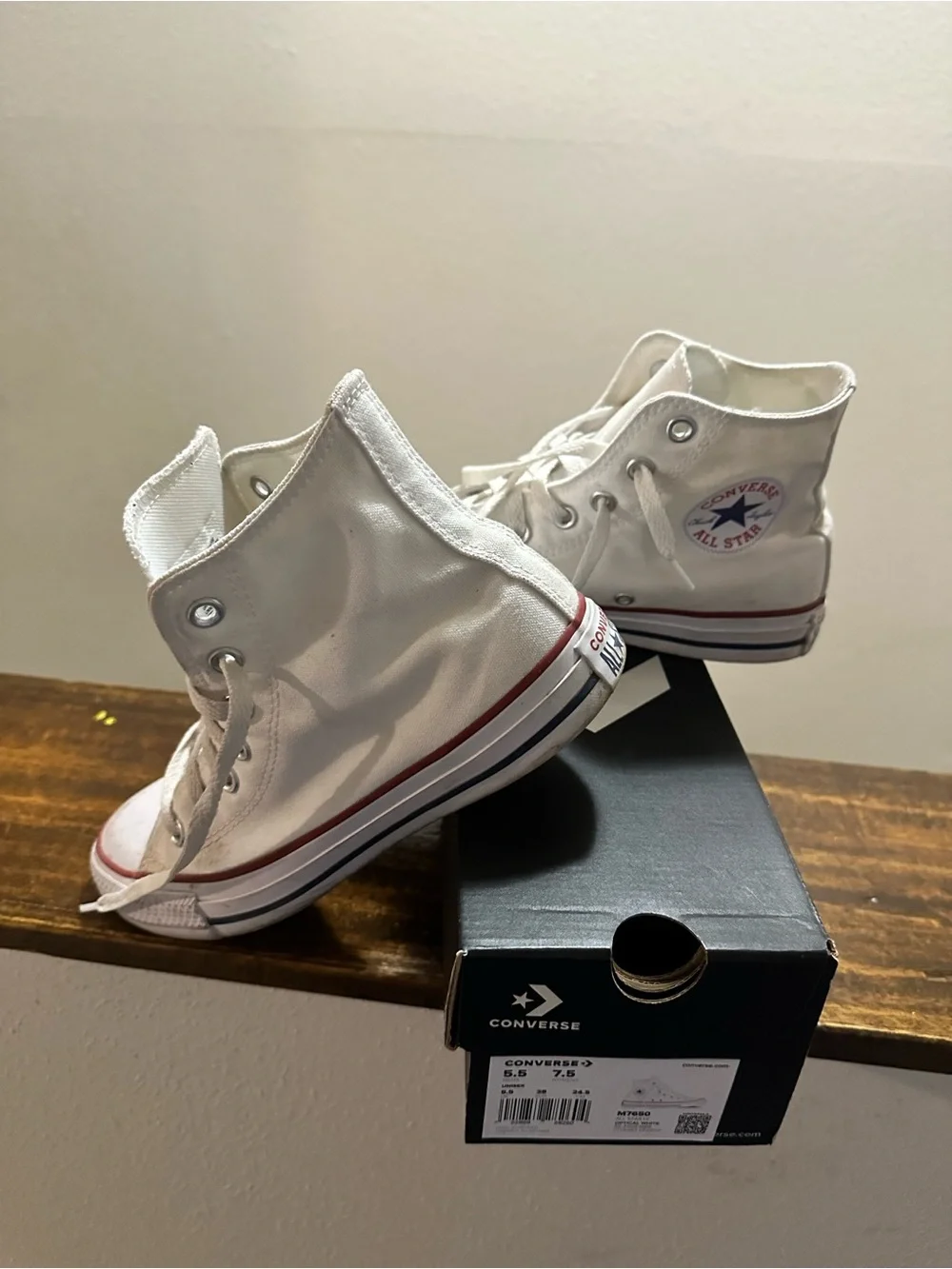 Converse White High Top' Sneakers with Red Stripe
